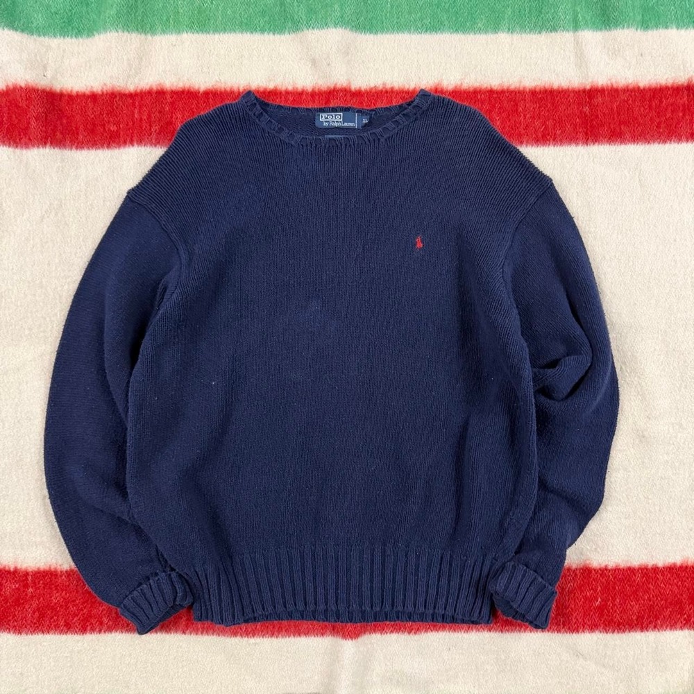 Vintage 90s Polo Ralph Lauren Knit Cotton Sweater XL Navy Blue Red Pony Crewneck